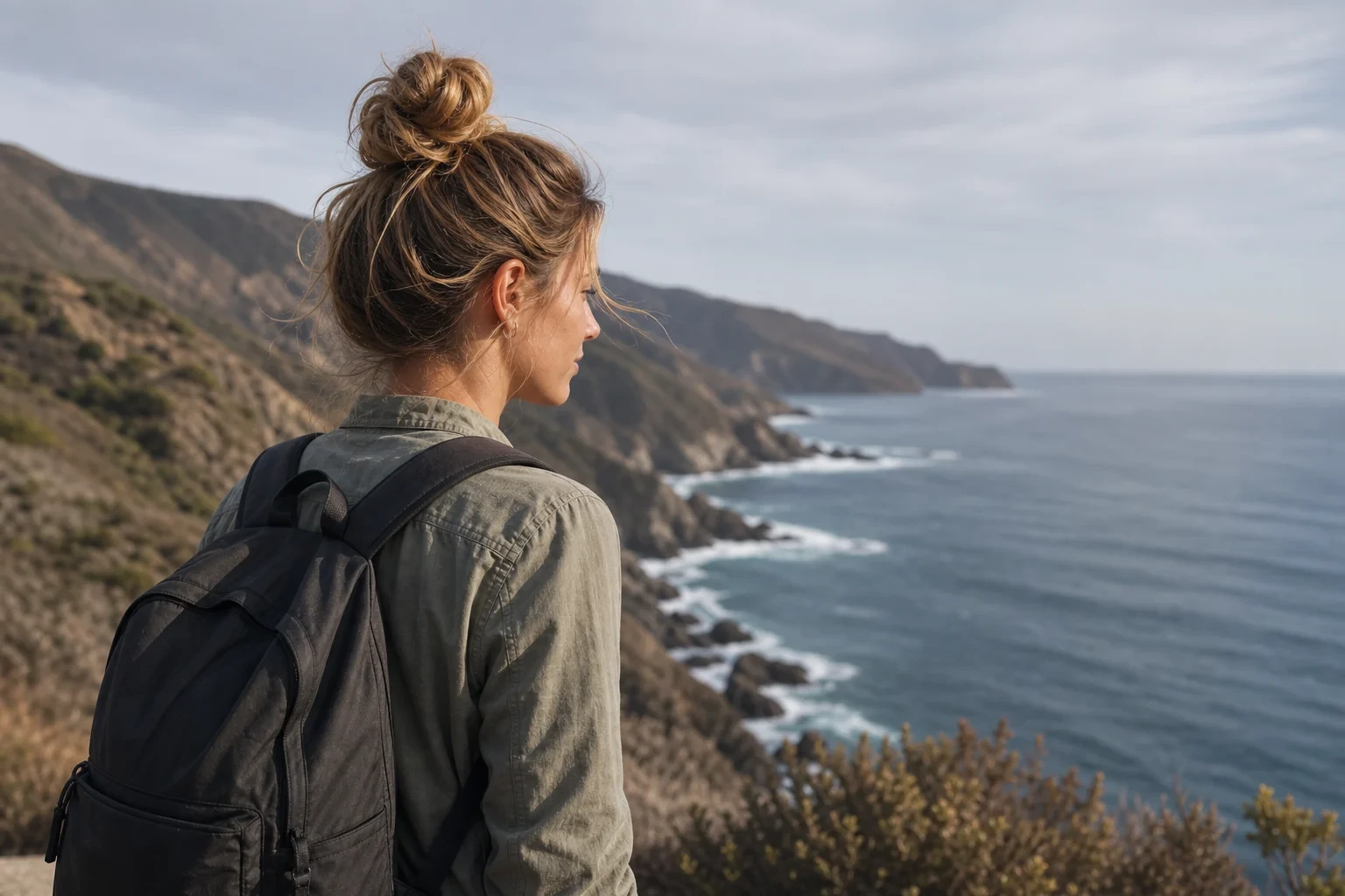 Frau mit Rucksack blickt alleine reisend über eine Küstenlandschaft