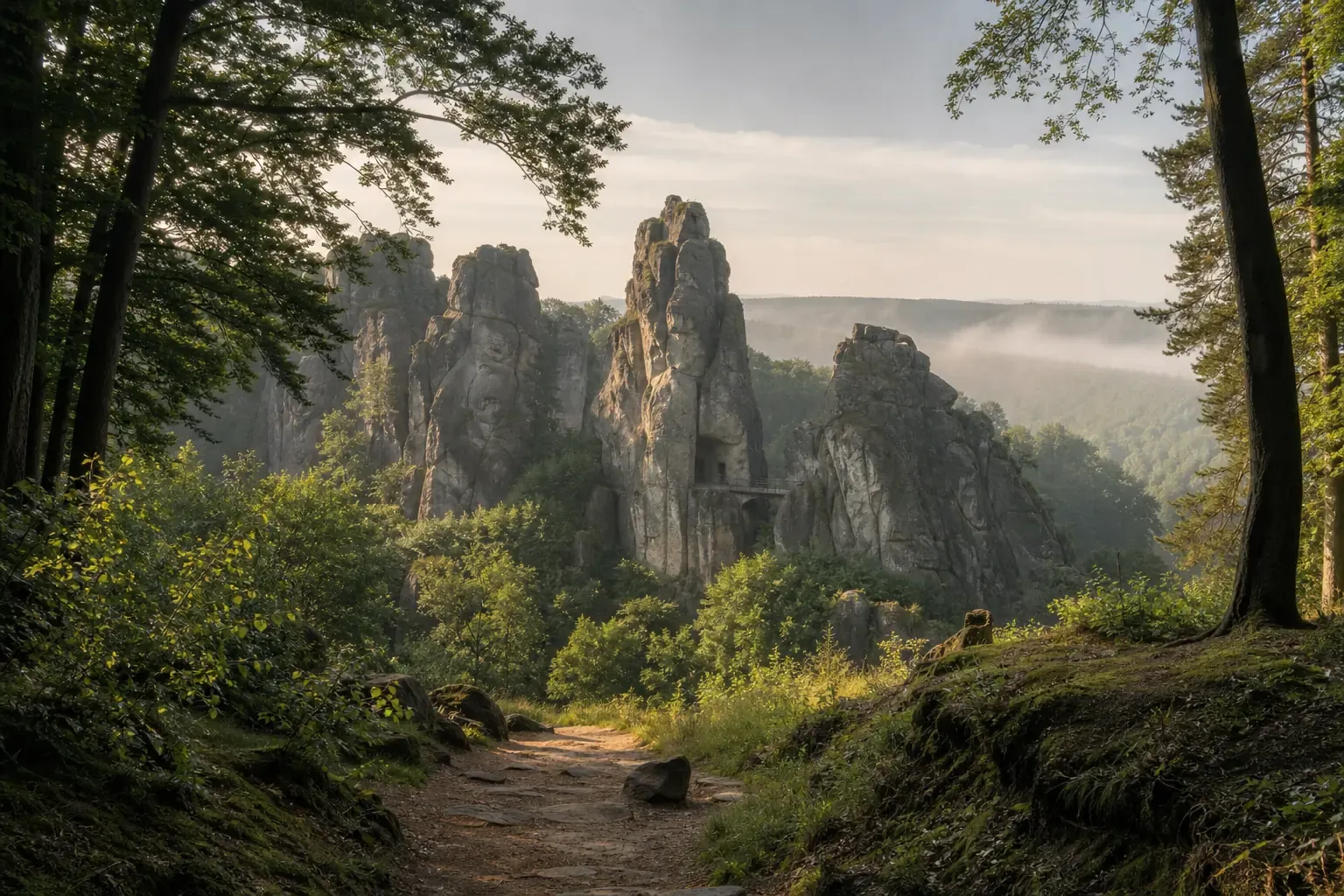 Blick von einem Waldpfad auf die Felsformation der Externsteine im Morgenlicht