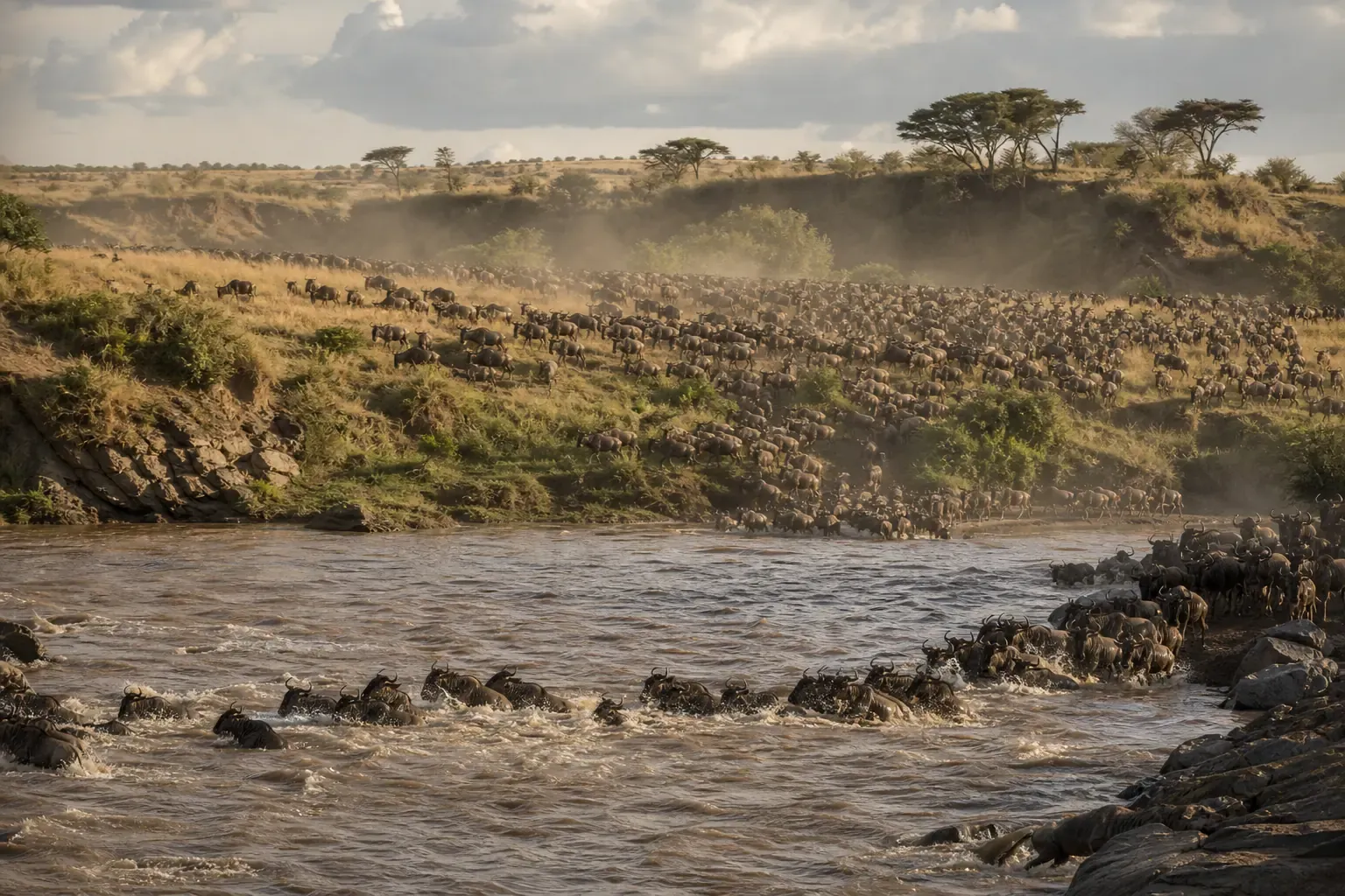 Gnuherde während der Great Migration in der Serengeti