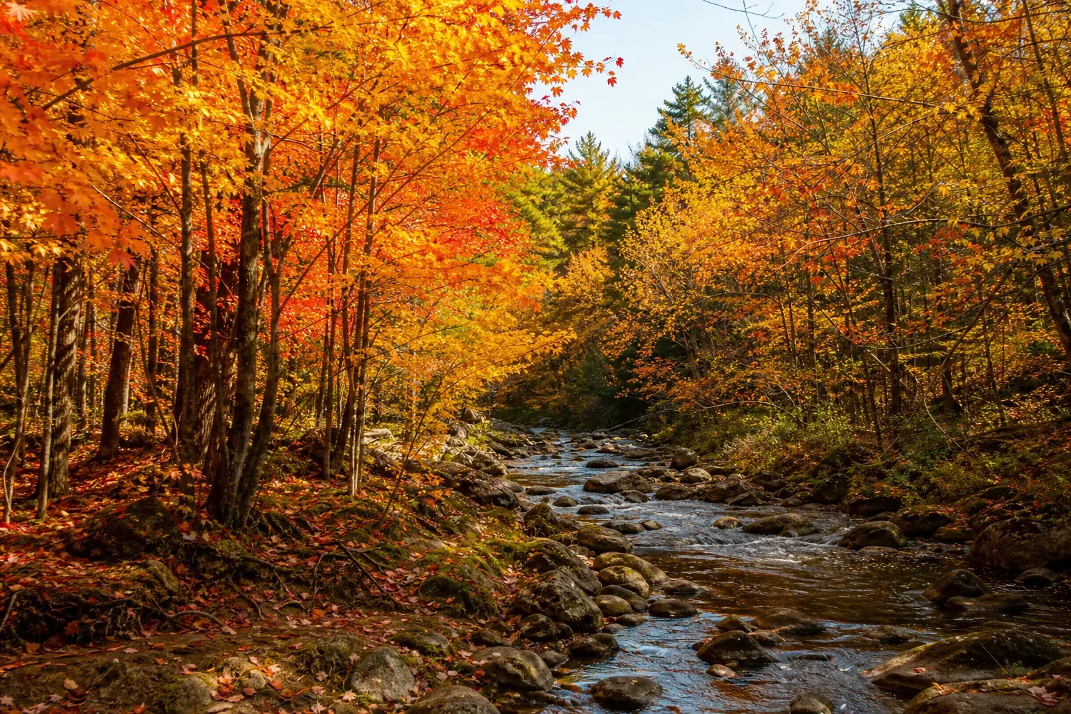 Leuchtend rot-goldener Ahornwald während des Indian Summer in Kanada