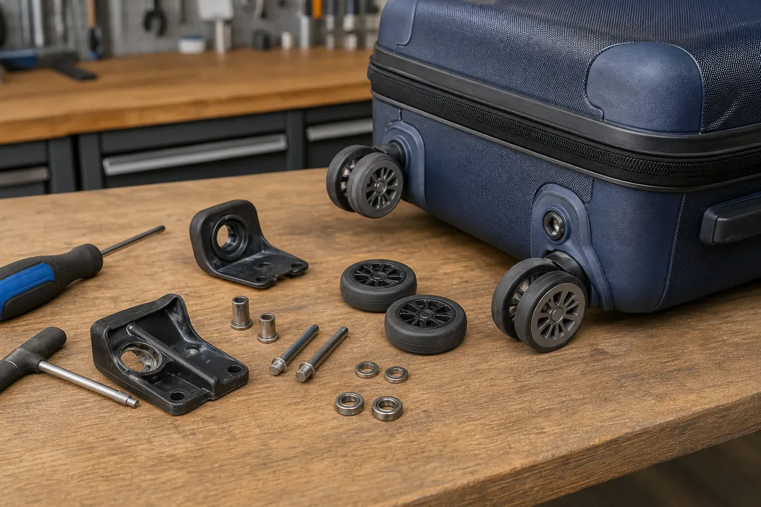 Rollentypen am Koffer: Niete, Achse, Spinner