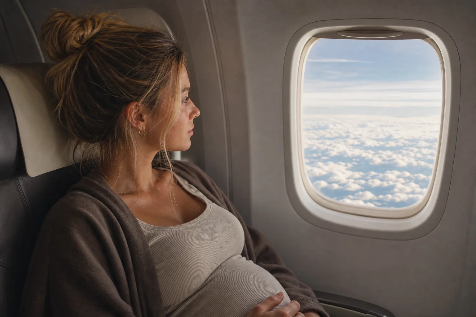Schwangere Frau sitzt entspannt am Fensterplatz eines Flugzeugs und blickt über die Wolken
