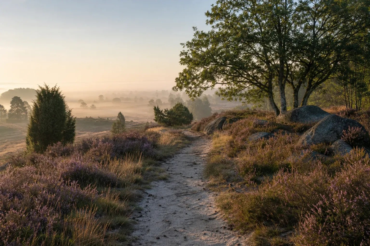 Ruhiger Wanderweg für einen Tagesausflug in Niedersachsen durch die Lüneburger Heide am frühen Morgen
