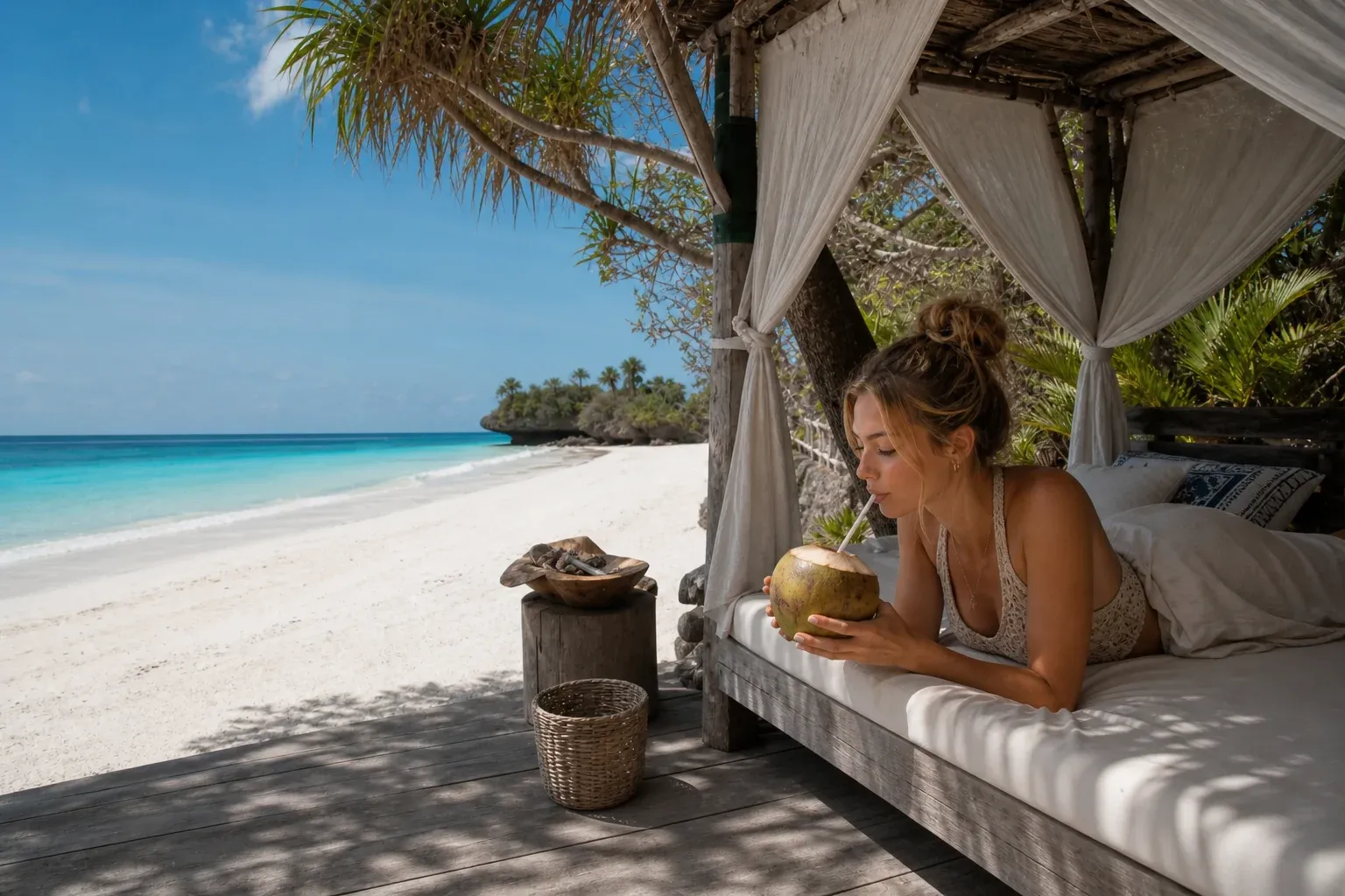 Weißer Sandstrand mit türkisfarbenem Wasser auf Sansibar nach einer Safari in Tansania