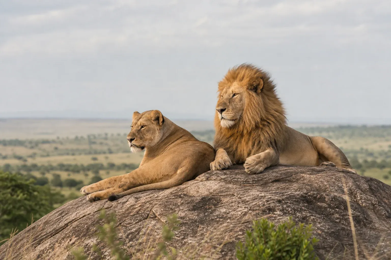 Löwen auf einer Felsformation in der Serengeti während einer Safari in Tansania
