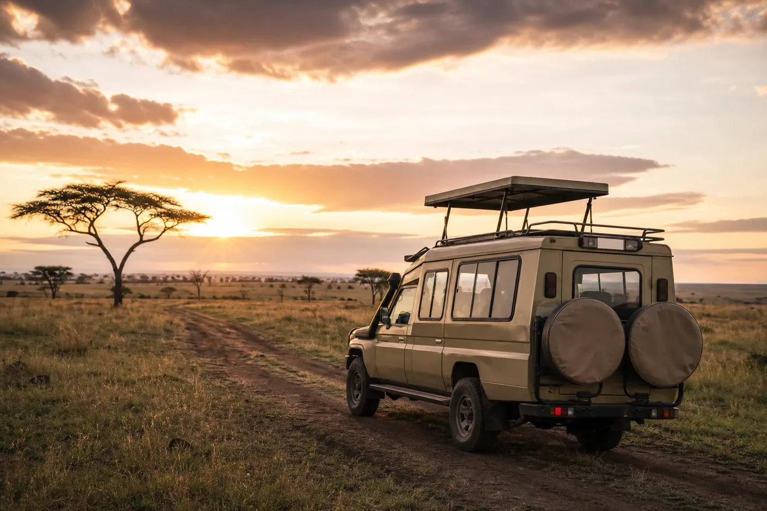 Geländewagen auf einer Tansania Safari in der Serengeti bei Sonnenaufgang