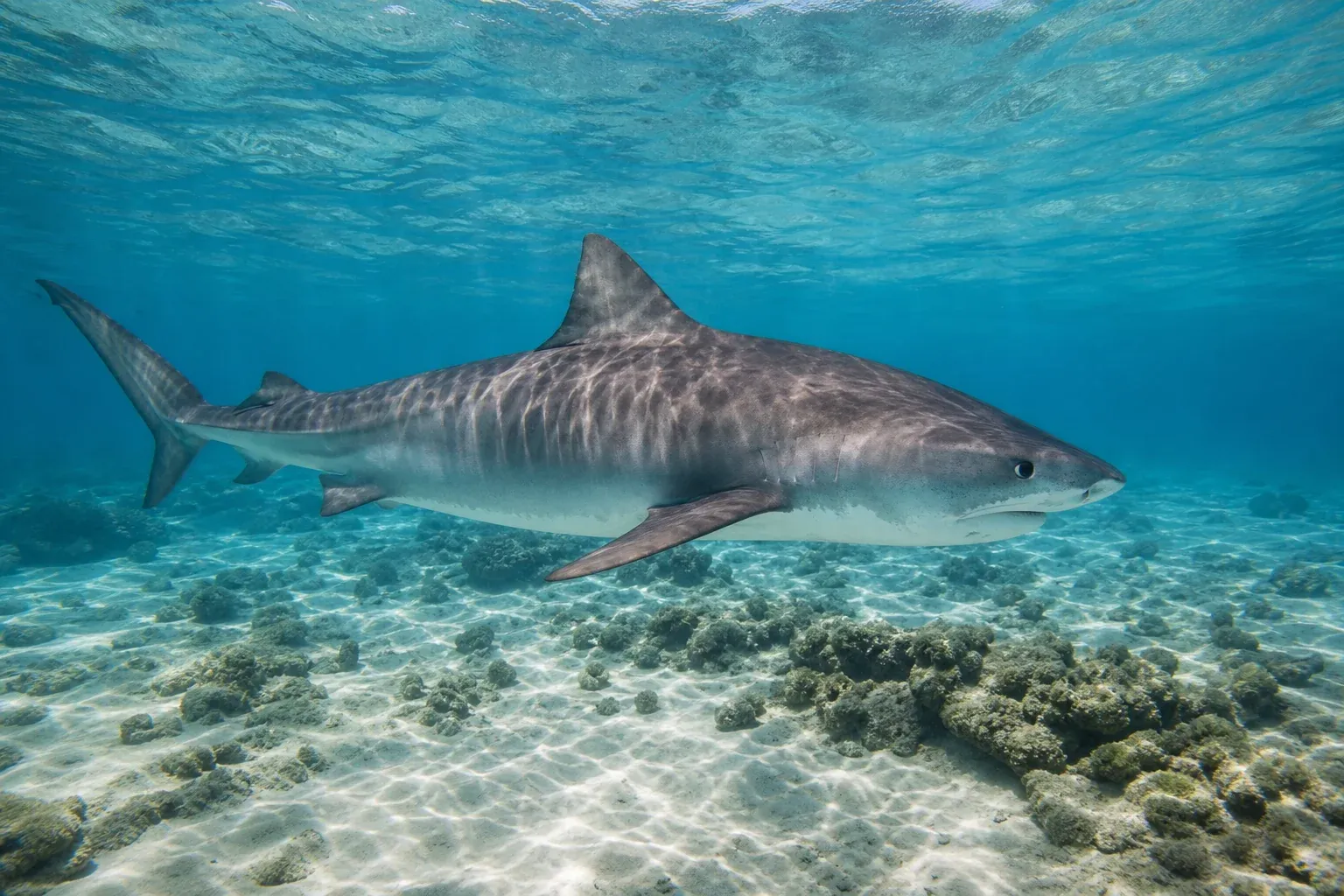 Ein Tigerhai schwimmt über einem flachen Sandriff in klarem tropischem Wasser