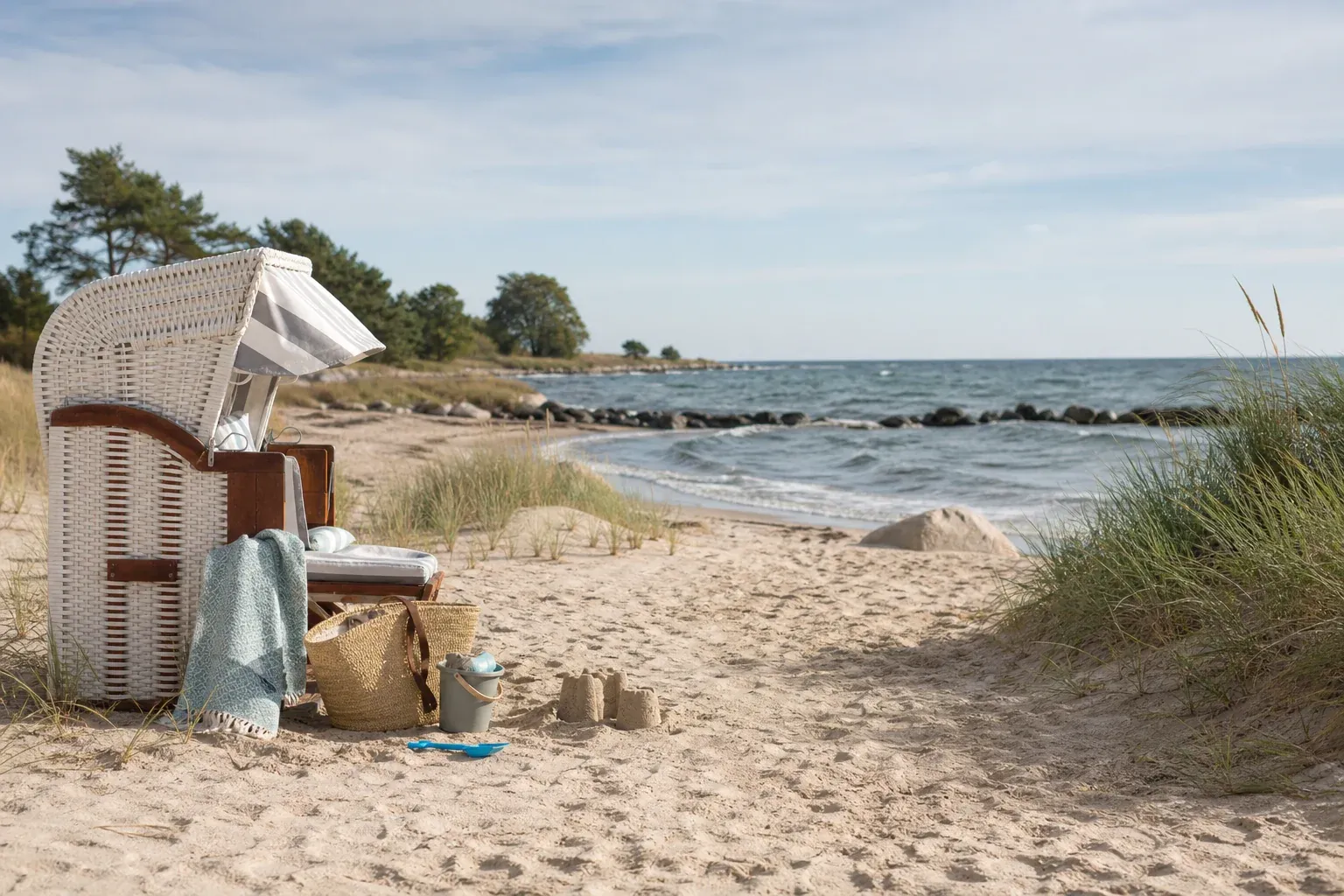 Familie mit Kindern an einem Ostseestrand in Deutschland