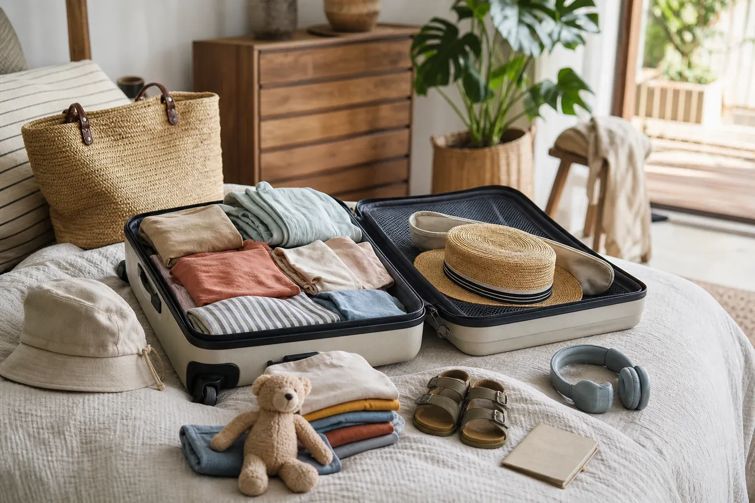 Familie mit zwei Kindern beim gemeinsamen Kofferpacken für den Urlaub mit Kindern